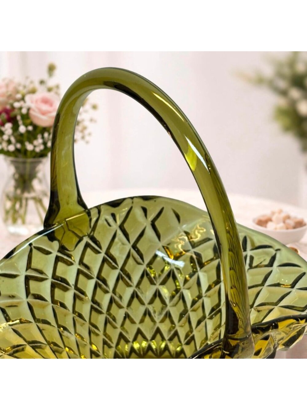 Vintage Indiana Glass Olive Green Diamond Point Handled Basket 7 inches MCM - Picture 3 of 10